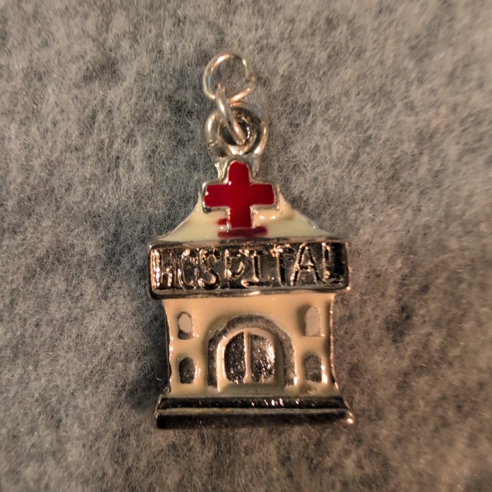 Hospital Charm Silver Tone Enamel Red Cross Medical Building Pendant - Picture 1 of 2